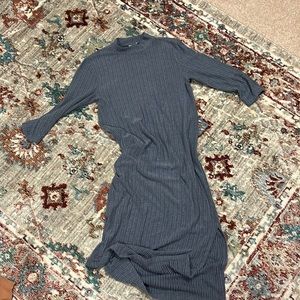 Dusty blue mock neck, ribbed midi dress